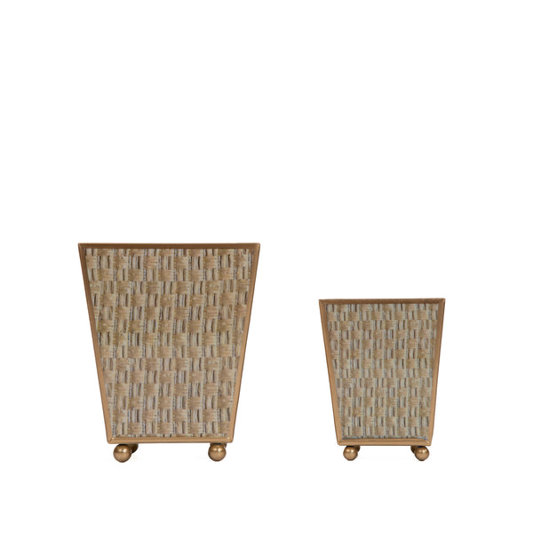 Woven Enameled Square Cachepot Planter - Beige