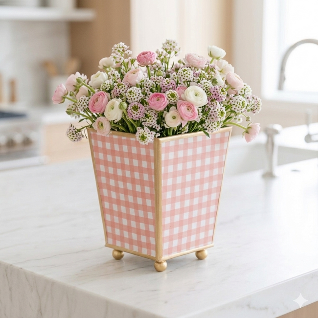 Gingham Enameled Square Cachepot Planter - Coral