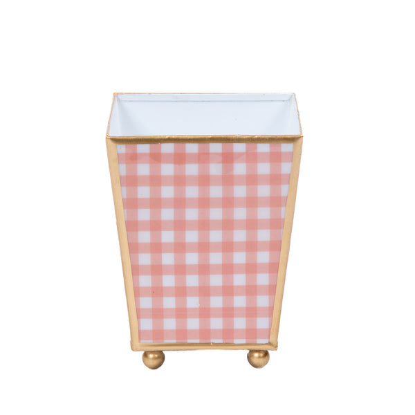 Gingham Enameled Square Cachepot Planter - Coral