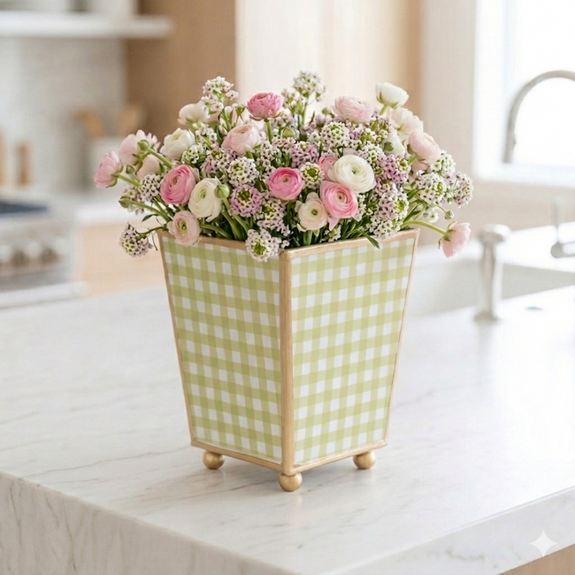 Gingham Enameled Square Cachepot Planter - Hearts of Palm