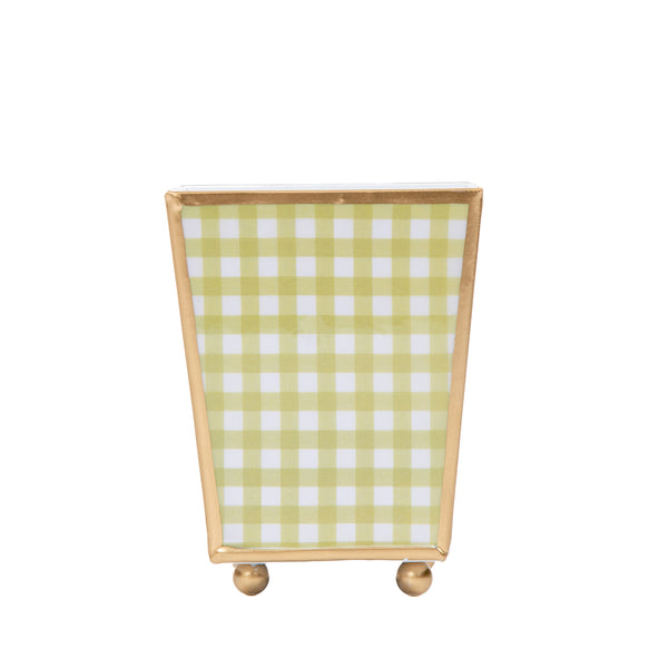 Gingham Enameled Square Cachepot Planter - Hearts of Palm