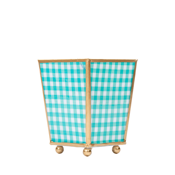 Gingham Enameled Square Cachepot Planter - Mariner