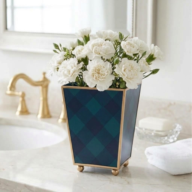 Sussex Plaid Enameled Square Cachepot Planter
