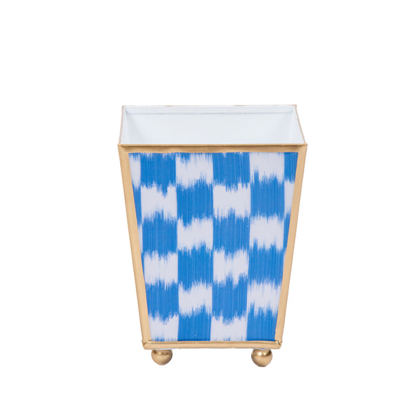 Checkered Ikat Enameled Square Cachepot Planter - Light Blue