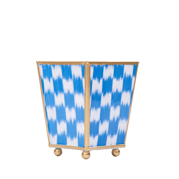 Checkered Ikat Enameled Square Cachepot Planter - Light Blue