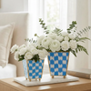 Checkered Ikat Enameled Square Cachepot Planter - Light Blue
