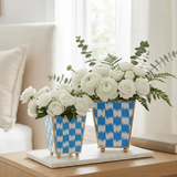 Checkered Ikat Enameled Square Cachepot Planter - Light Blue