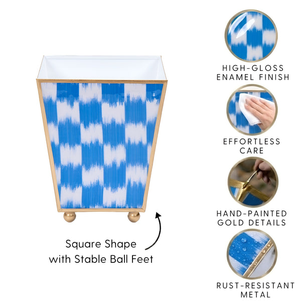 Checkered Ikat Enameled Square Cachepot Planter - Light Blue