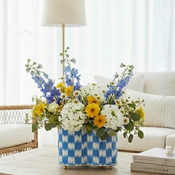 Checkered Ikat Enameled Quatrefoil Cachepot Planter 4x9 - Light Blue