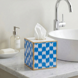 Checkered Ikat Enameled Tissue Box Cover - Light Blue