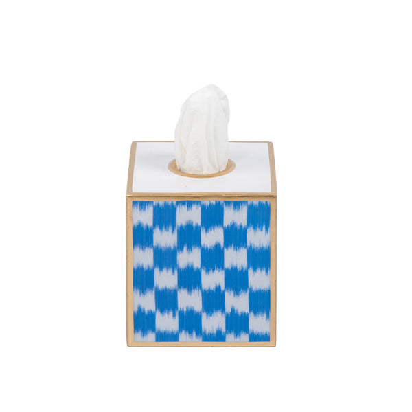 Checkered Ikat Enameled Tissue Box Cover - Light Blue