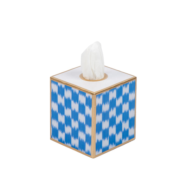 Checkered Ikat Enameled Tissue Box Cover - Light Blue