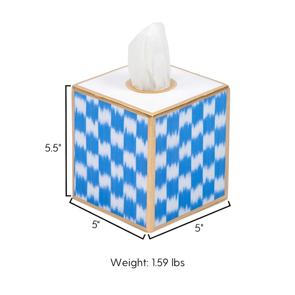 Checkered Ikat Enameled Tissue Box Cover - Light Blue