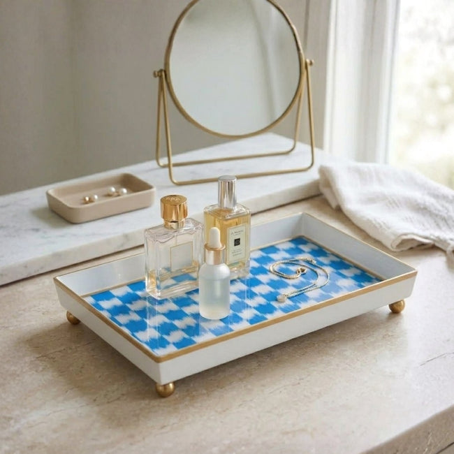 Checkered Ikat Enameled Oliver Tray 8x12 - Light Blue