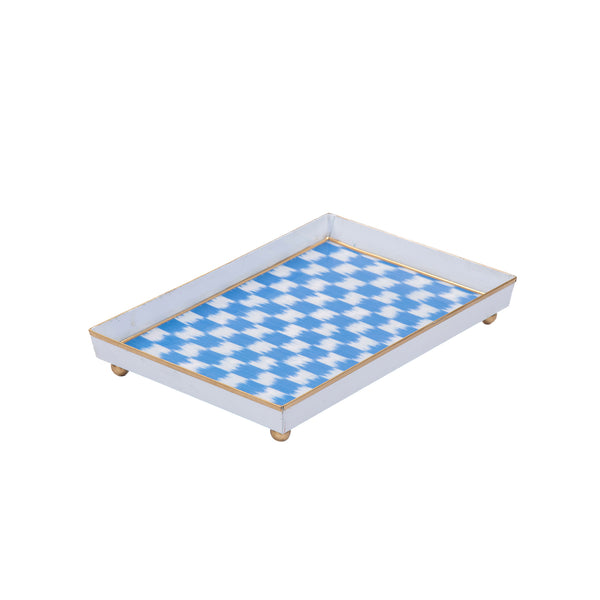 Checkered Ikat Enameled Oliver Tray 8x12 - Light Blue