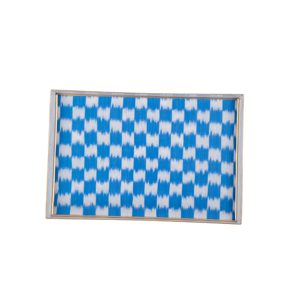 Checkered Ikat Enameled Oliver Tray 8x12 - Light Blue