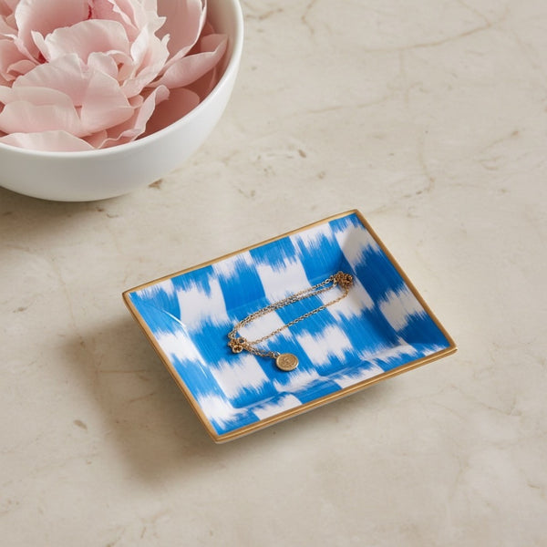 Checkered Ikat Enameled Landry Tray - Light Blue