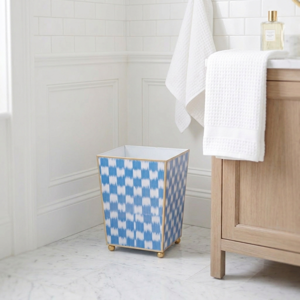 Checkered Ikat Enameled Square Wastebasket - Light Blue