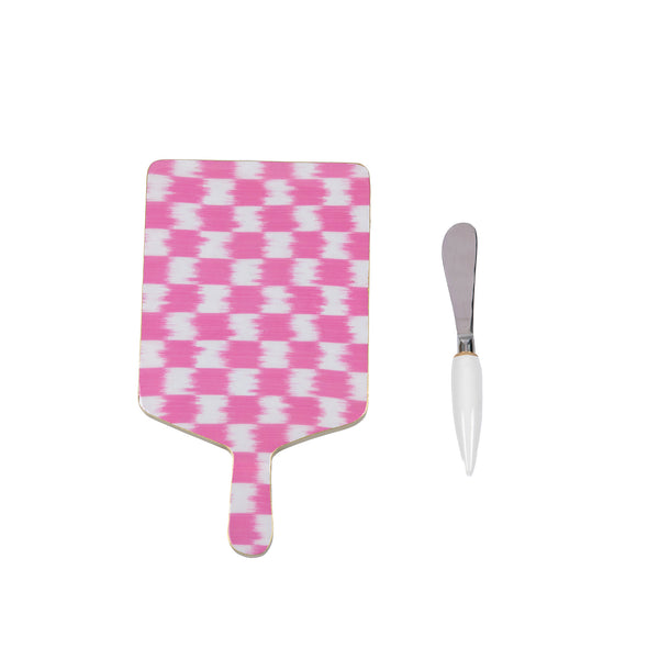 Checkered Ikat Enameled Rectangular Charcuterie Board 6x10 - Pink