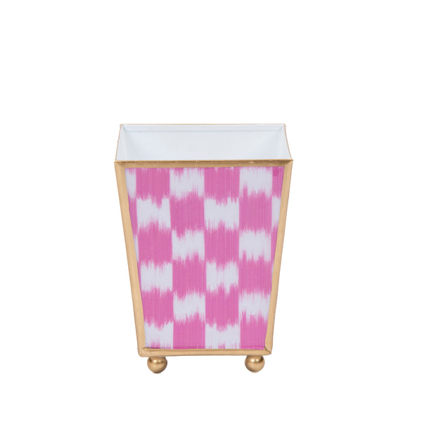 Checkered Ikat Enameled Square Cachepot Planter - Pink