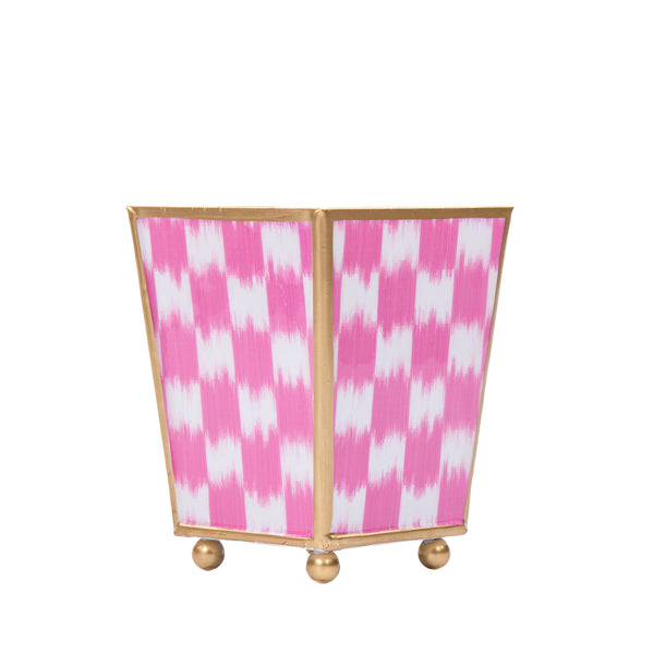 Checkered Ikat Enameled Square Cachepot Planter - Pink