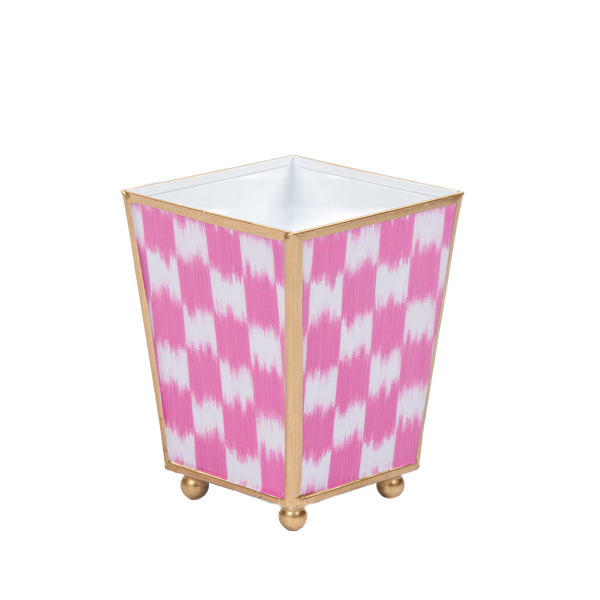 Checkered Ikat Enameled Square Cachepot Planter - Pink