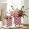 Checkered Ikat Enameled Square Cachepot Planter - Pink