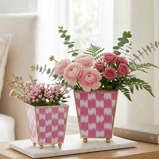 Checkered Ikat Enameled Square Cachepot Planter - Pink