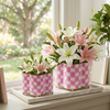 Checkered Ikat Enamel Quatrefoil Cachepot Planter 6x12 - Pink