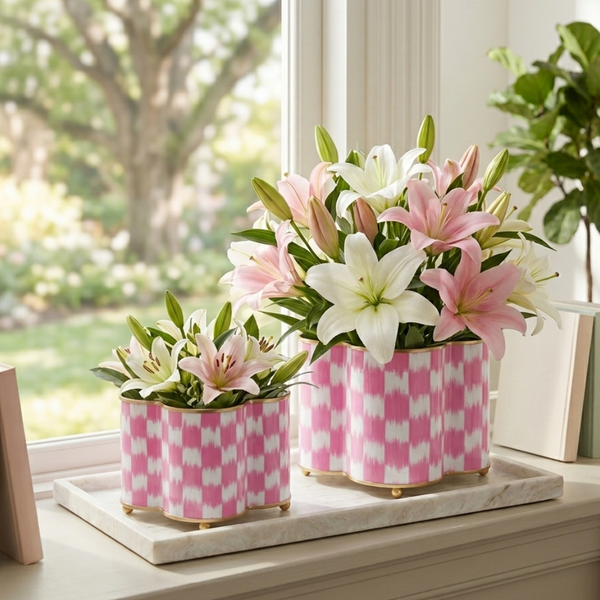 Checkered Ikat Enamel Quatrefoil Cachepot Planter 6x12 - Pink