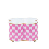 Checkered Ikat Enamel Quatrefoil Cachepot Planter 6x12 - Pink