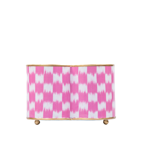 Checkered Ikat Enamel Quatrefoil Cachepot Planter 6x12 - Pink