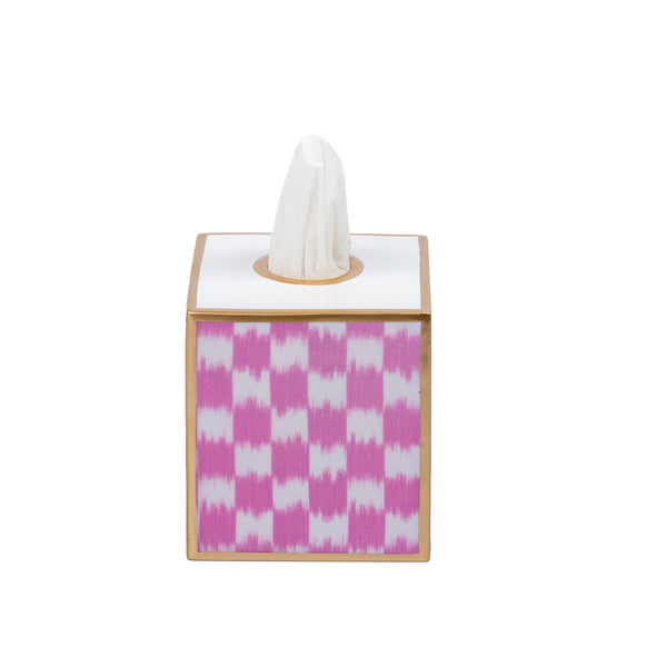 Checkered Ikat Enameled Tissue Box Cover - Pink