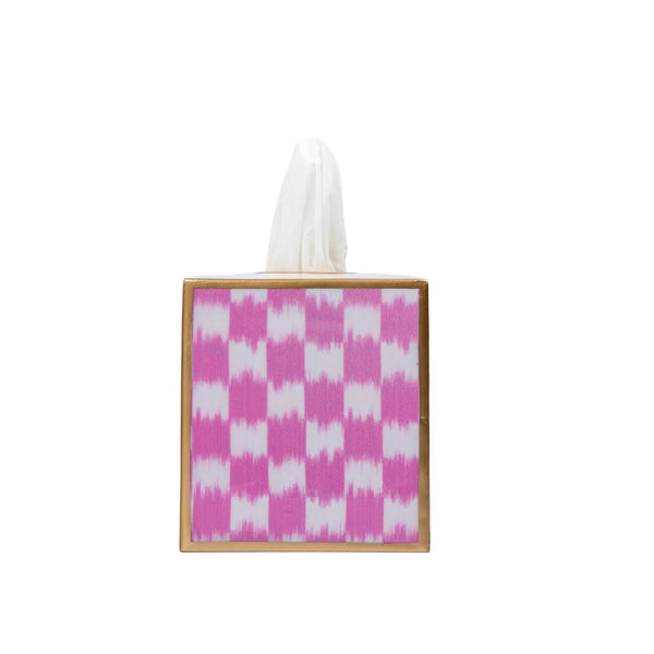 Checkered Ikat Enameled Tissue Box Cover - Pink