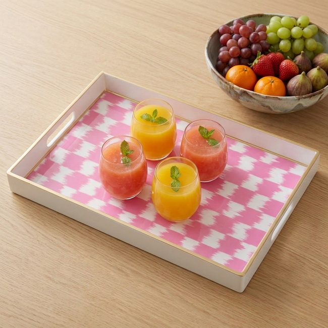 Checkered Ikat Enameled Rectangular Tray 10x15 - Pink