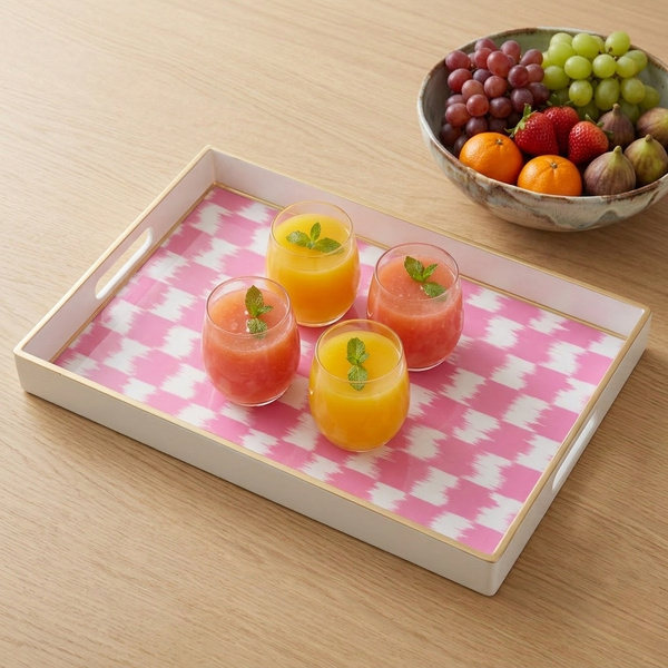 Checkered Ikat Enameled Rectangular Tray 10x15 - Pink