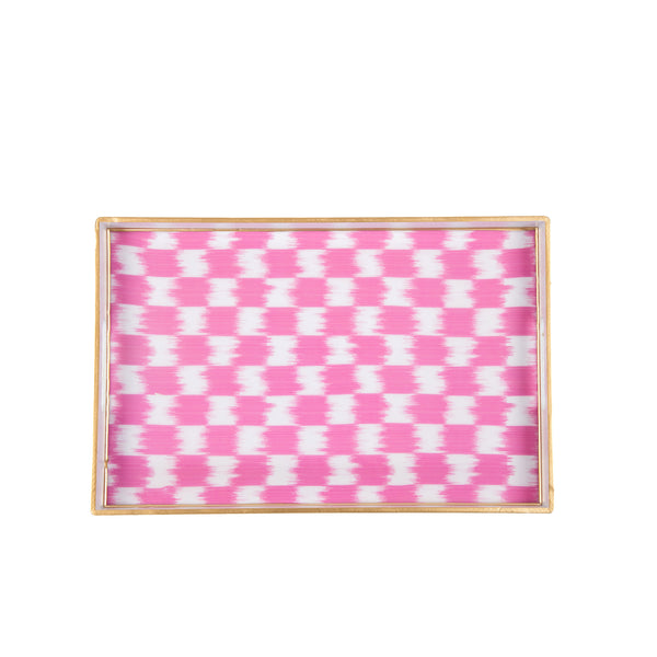 Checkered Ikat Enameled Rectangular Tray 10x15 - Pink