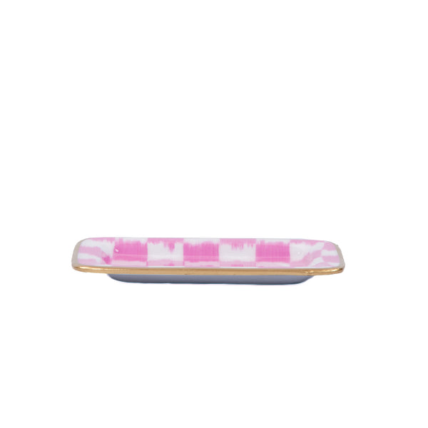 Checkered Ikat Enameled Laney Tray - Pink