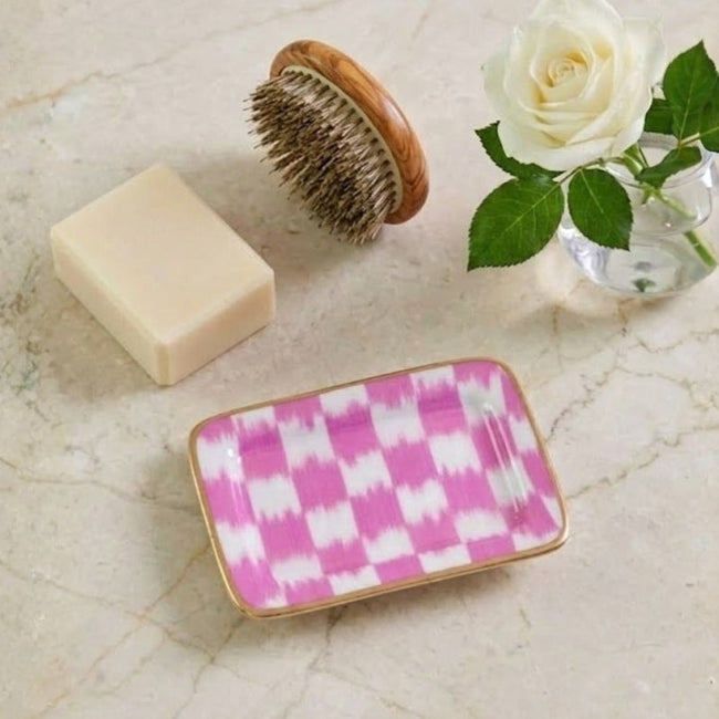 Checkered Ikat Enameled Laney Tray - Pink