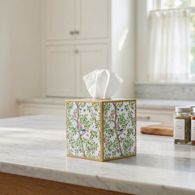 Elsie's Garden Enameled Tissue Box Cover - Blue & Pink