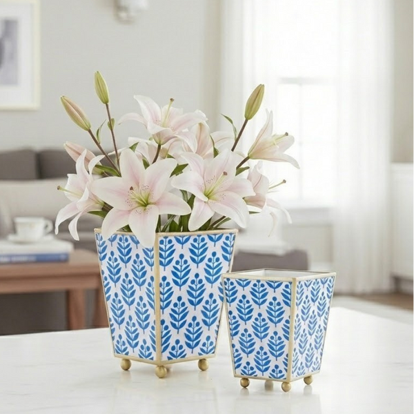 Lottie Enameled Square Cachepot Planter - Blue