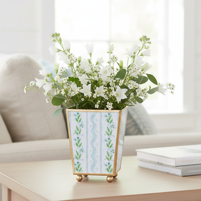 Emma Stripe Enameled Square Cachepot Planter - Blue & Green