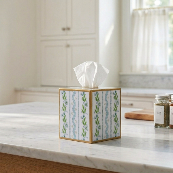 Emma Stripe Enameled Tissue Box Cover - Blue & Green