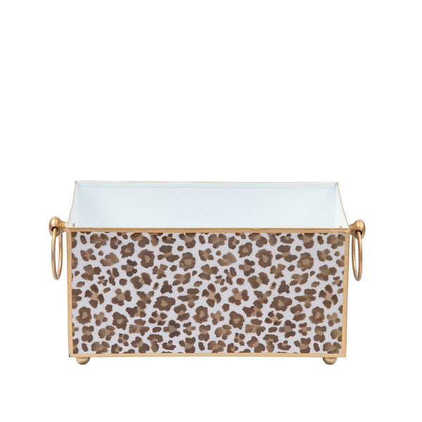 Cream Leopard Enameled Rectangular Cachepot Planter 6x12 - Cream & Brown