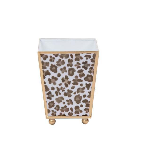 Cream Leopard Enameled Square Cachepot Planter - Cream & Brown