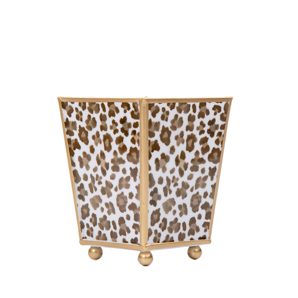 Cream Leopard Enameled Square Cachepot Planter - Cream & Brown