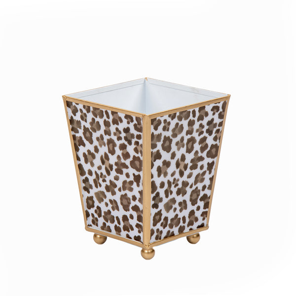 Cream Leopard Enameled Square Cachepot Planter - Cream & Brown