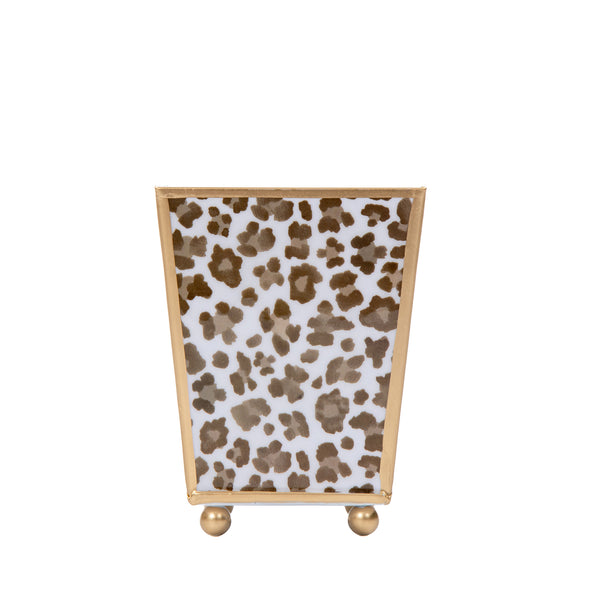 Cream Leopard Enameled Square Cachepot Planter - Cream & Brown