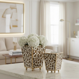 Cream Leopard Enameled Square Cachepot Planter - Cream & Brown