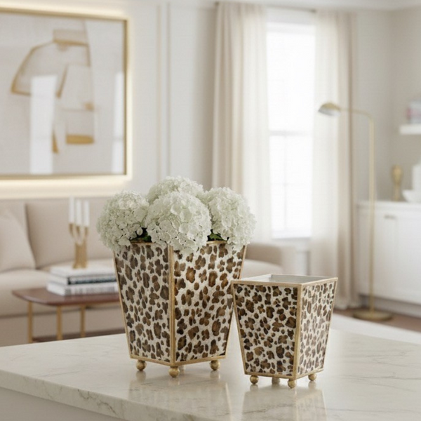 Cream Leopard Enameled Square Cachepot Planter - Cream & Brown